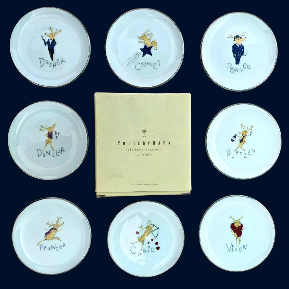 8 VTG Pottery Barn Reindeer Coasters Christmas Snack Plate Dish Holiday Decor 4"